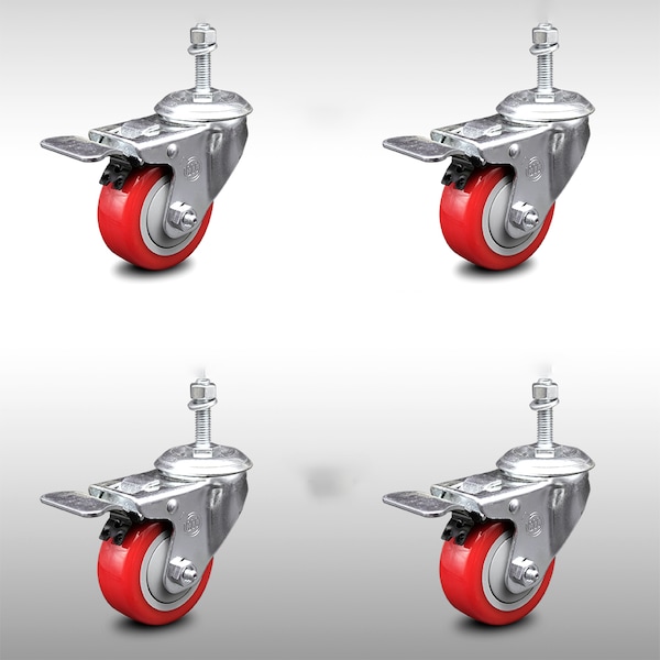 Service Caster 3.5 Inch SS Red Poly Swivel 3/8 Inch Threaded Stem Caster Set Total Lock Brake SCC-SSTSTTL20S3514-PPUB-RED-381615-4 - main